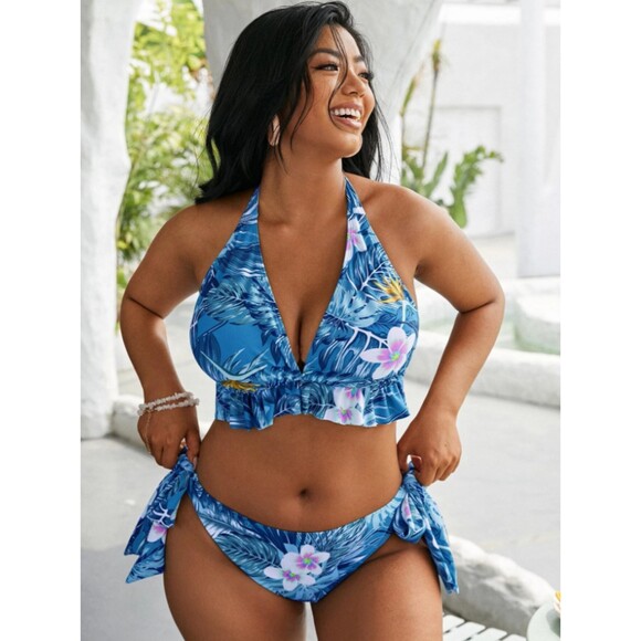 X-Large Blue Tropical Floral Frill Trim Tie Side Wireless Halter Bikini Swimsuit - Picture 3 of 4